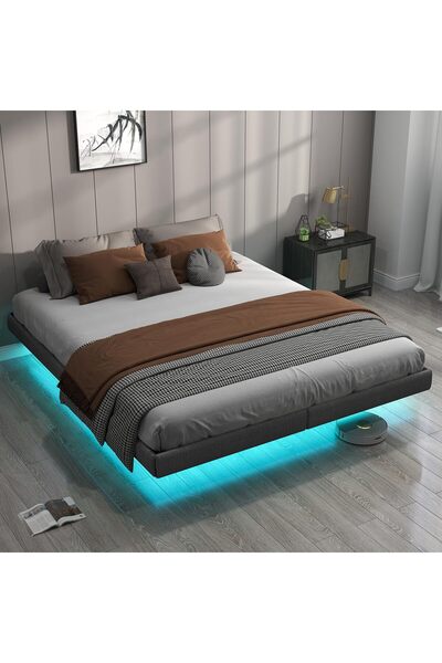 Yanara Floating Bed Frame with LED Lights & Charging Station, Grey Linen Metal Platform, Easy Assembly