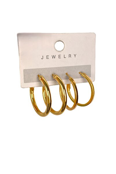 Furtek Aksesuar Kadın Gold Çelik Halka Küpe 3 cm Kalın Bar 2.5 cm İnce Köşeli Halka Küpe Set Lak Kaplama Kararmaz