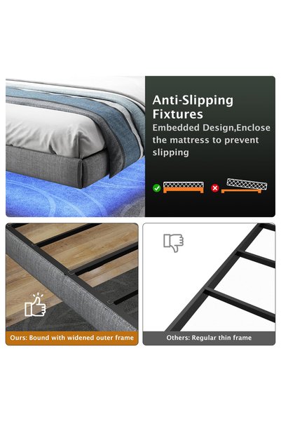 Yanara Floating Bed Frame with LED Lights & Charging Station, Grey Linen Metal Platform, Easy Assembly