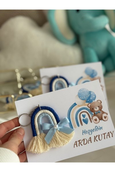 Puffybaby Mavi Makrome Gökkuşağı Yenidoğan Anahtarlık - Bebek Hediyelik - Makrome Anahtarlık - 15 Adet