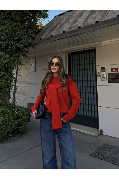 Laluvia Red Shawl Detailed Sweater - 251180