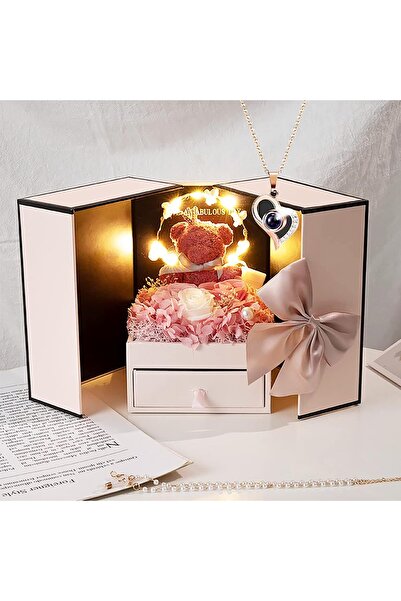 Arabest Preserved Rose Moss Bear Gift Box Set with Heart Necklace and LED Lig...