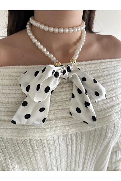 Charmist White Polka Dot Scarf with Pearl Details