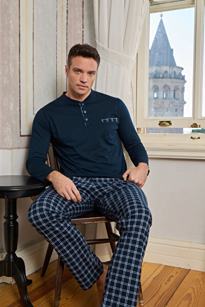 Pijamoni Men's Cotton Plaid Shirt Collar Buttoned Pajama Set