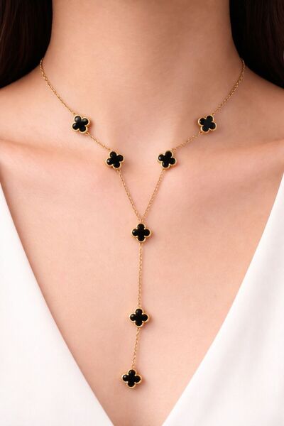 Saros Teknoloji Siyah Mineli Sekiz Yoncalı Y Kolye - Çelik