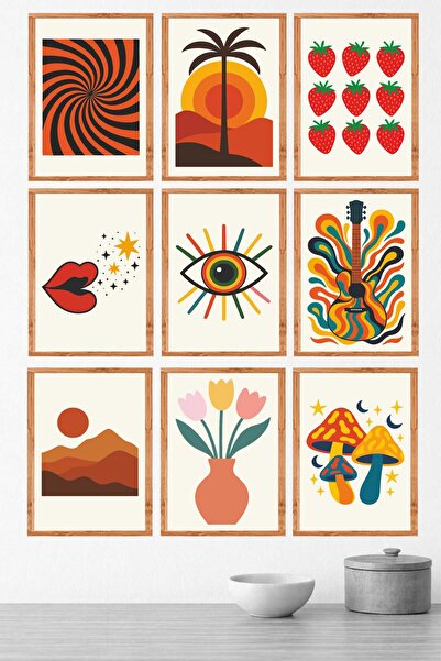 UNT Modern Retro Patterned 9-Piece Mdf Painting Set 15X20 Uv Printing Frame Look