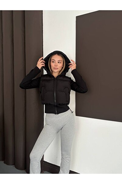 DENİKK Trend Hooded Inflatable Crop Coat with Zippered Waist