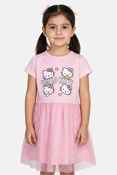 Hello Kitty by Sanrio Toddlers Girl Brand Logo short Sleeve Dress, Pink