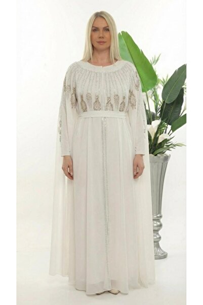 MİSS DİAMOND White Abaya Dress with Stone Embroidered Collar