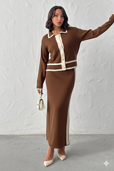 Lusin Women's Brown Stylish Pearl Button Detailed Cardigan Skirt Bottom Top K...