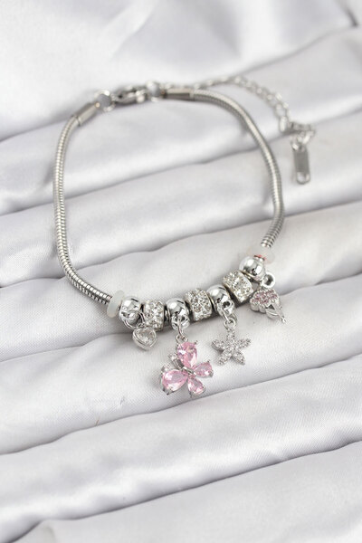 Skygo Brass Silver Color Pink Butterfly Charm Women's Bracelet - Tj-Bb8204
