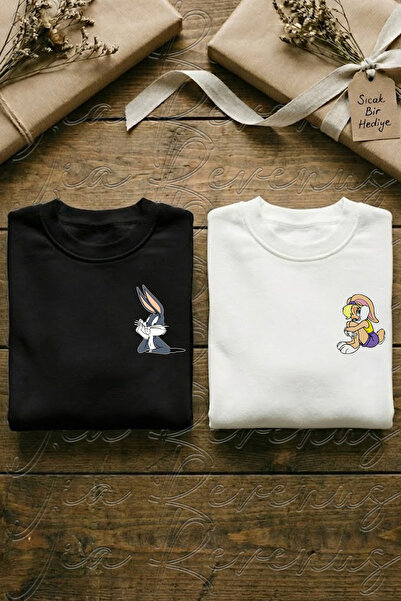 Vordevia Bugs și Lola cu imprimeu Unisex supradimensionat Swea cu gâtul în fo...