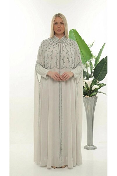 MİSS DİAMOND Chiffon Beige Long Abaya Dress Ferace Suitable for Elegant Stone...