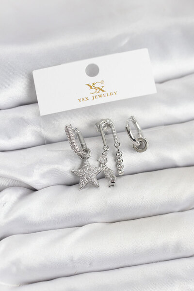 Skygo Brass Silver Color Zircon Stone Star Vintage Model Ysx Trio Earring Set...