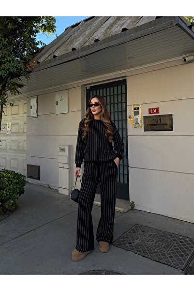 Laluvia Black Stone Blouse Pants Set - 0766