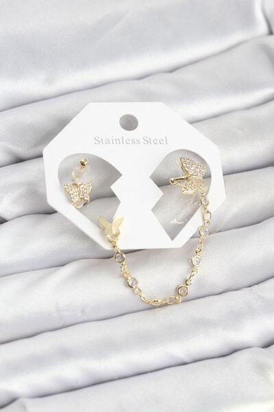 Skygo Butterfly Model Brass Gold Color Chain Linked Ear Cuff Earring Set - Tj...