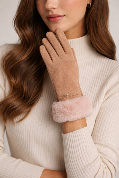 Şirin Giyim Aksesuar Kaşe Eldiven Kadın - Bej Peluş Tüylü Kışlık Lüks Fashion...
