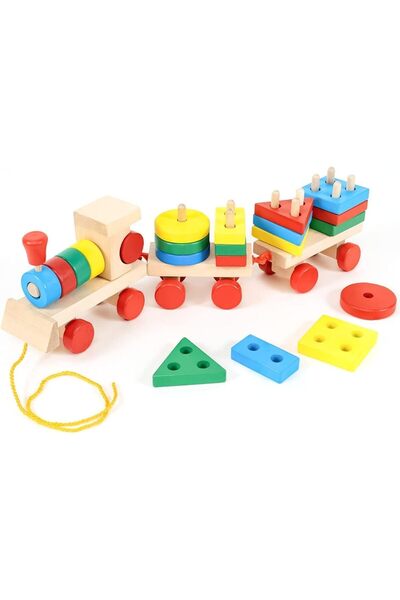 Aputue لعبة قطار مونتيسوري خشبية مع 20 مكعبًا خشبيًا