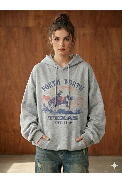 PENTHİLUS Printed Hooded Sweatshirt in Vintage Style. Cowboy Graphic Print- U...