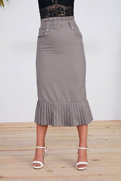 Stylish تنوره ميدي كاروهات هاي ويست مزينه بحزام وجيوب