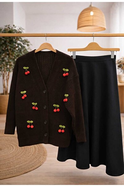 MODA VEDAT Women's Cherry Detailed Knitwear Cardigan - Puff Scuba Skirt Set -...