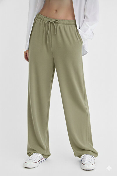 jeneric Women's Khaki Elastic Waist Lined Linen Blend High Waist Palazzo Pants