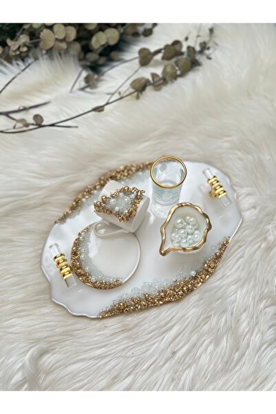 RESİNARTSHOP Epoksi Tepsi Damat Seti Taş+İnci Gold