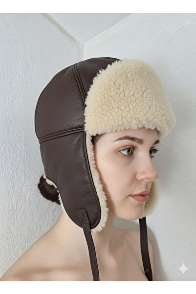 hoaryage Unisex 100% Sheepskin Pilot Hat, Kalpak with Snap Fasteners