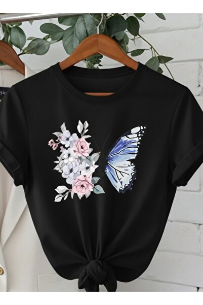 one button Tricou unisex cu design floral și fluturi, cu gât rotund, 100% bumbac