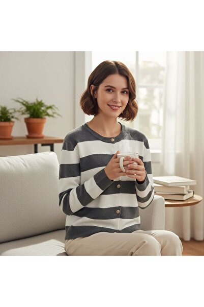 GÖMLEK GALERİSİ Women's Crew Neck Striped Cardigan Standard Fit (38-48)