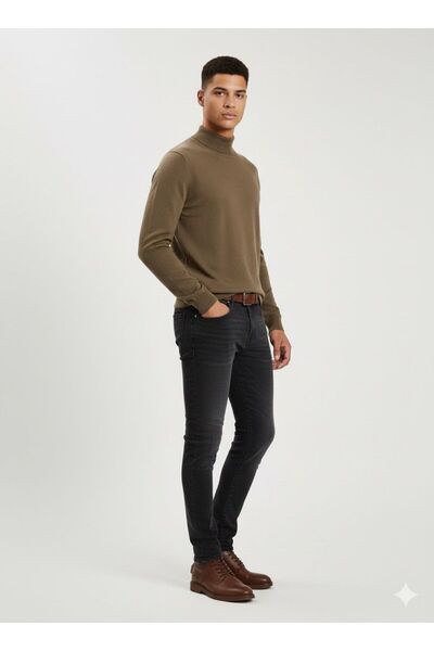 KMKkombin Men's Steel Knitted Slim Fit Plus Size Roll Neck Sports Sweater Eök