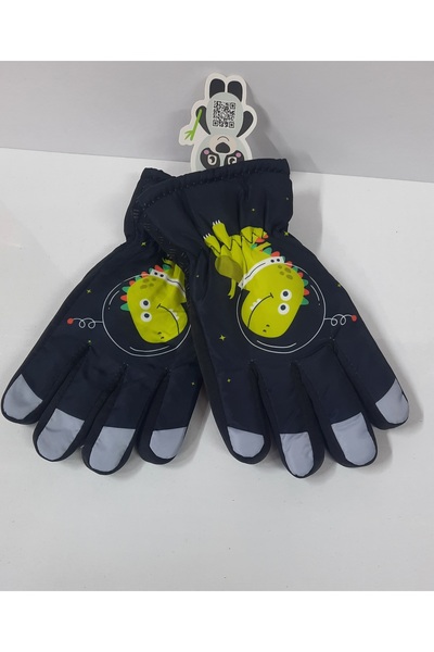 ydn Dino Figürlü Erkek Çocuk Su ve Rüzgar Geçirmez Kar Kayak Eldiveni (8-12 yaş)