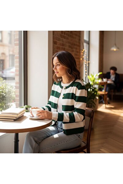 GÖMLEK GALERİSİ Women's Crew Neck Striped Cardigan Standard Fit (38-48)