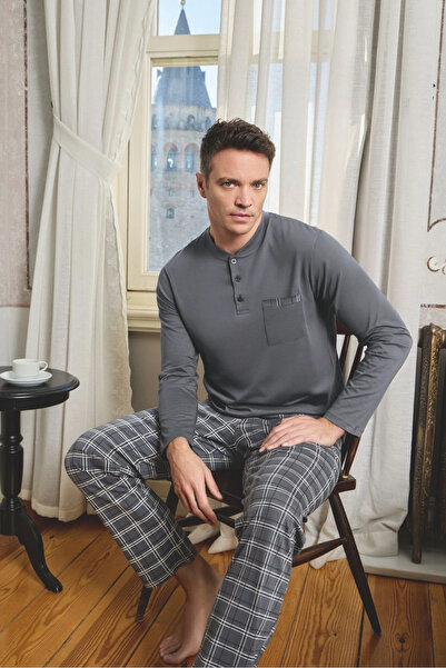 Pijamoni Men's Cotton Plaid Shirt Collar Buttoned Gray Pajama Set