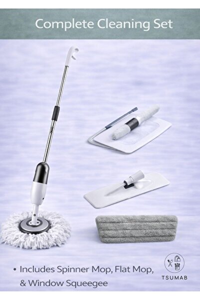 TSUMAB مجموعة تنظيف ومسح كاملة تتضمن ممسحة دوارة، وممسحة مسطحة، وممسحة زجاج، ...