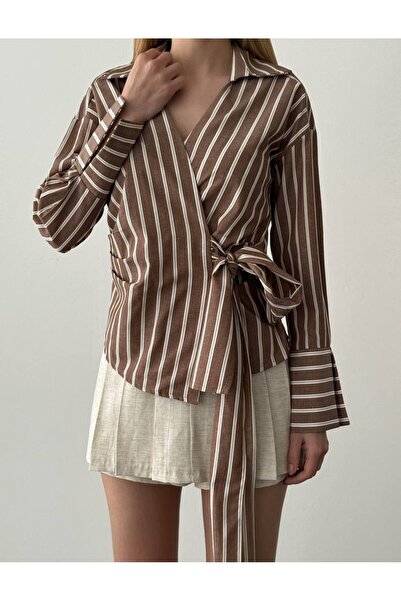 Quzu Kahverengi bağlamalı çizgili gömlek