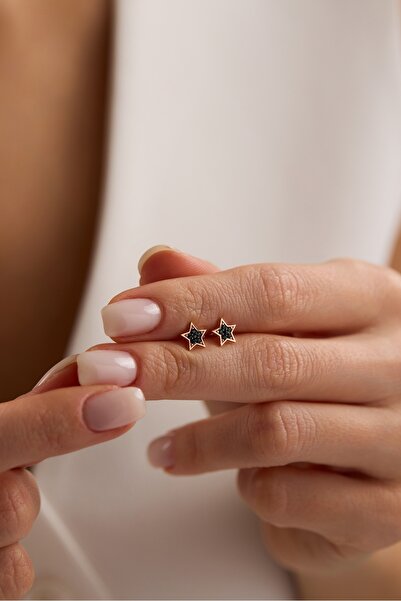 Nereze 925 Ayar Gümüş Rose Kaplama Minimal Siyah Yıldız Küpe