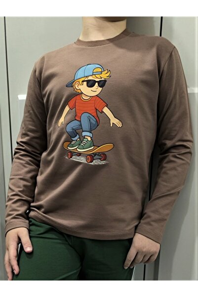 Pidal Giyim Kaykaycı Çocuk Baskılı Pamuklu Uzun Kollu Erkek Çocuk Sweatshirt