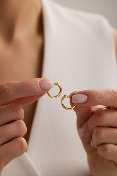 Nereze 925 Ayar Gümüş Gold Kaplama Minimal Sade 15 mm Halka Şarnel Küpe