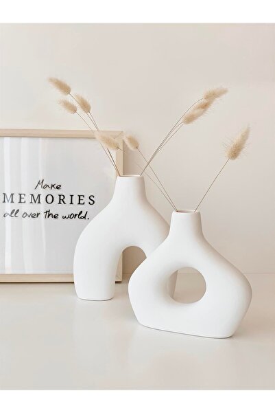 Hestia Home 2'li Amorf Seramik Vazo Seti Beyaz