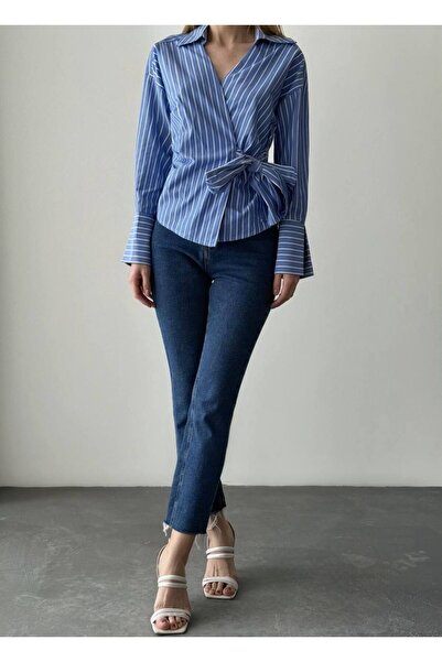 Quzu Mavi çizgili yandan bağlamalı Gömlek