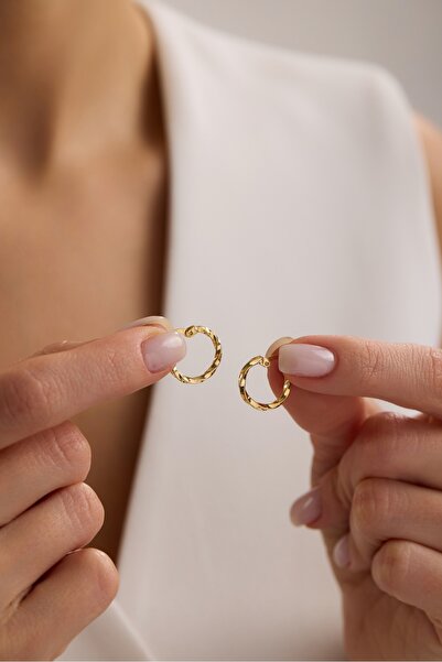 Nereze 925 Ayar Gümüş Gold Kaplama Minimal 15 mm Halka Burgu Şarnel Küpe