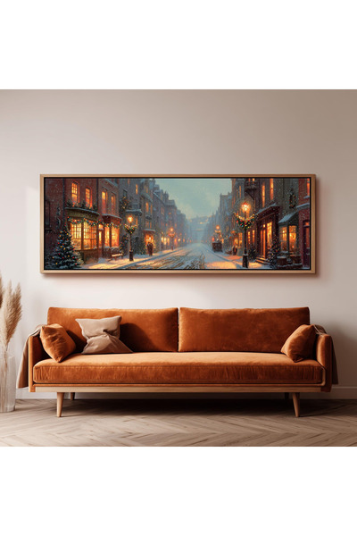 woodhomeworks Tek Parça Gerçek Ahşap Yatay Panorama Çerçeveli Tablo noel köyü