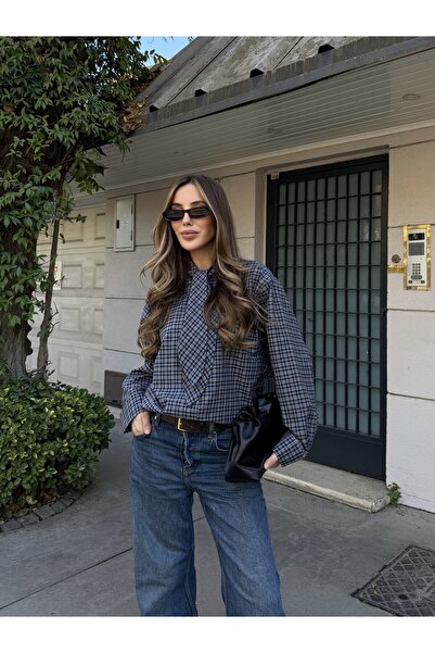 Laluvia Dark Navy Blue Plaid Shirt with Scarf - 0743