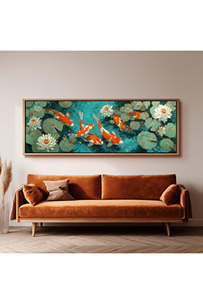 woodhomeworks Tek Parça Gerçek Ahşap Yatay Panorama Çerçeveli Tablo koi balık...