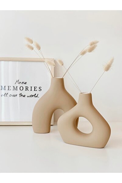 Hestia Home 2'li Amorf Seramik Vazo Seti Sütlü Kahve