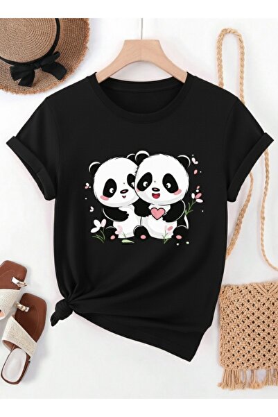 one button Tricou unisex cu imprimeu Panda drăguț, cu gât rotund, 100% bumbac