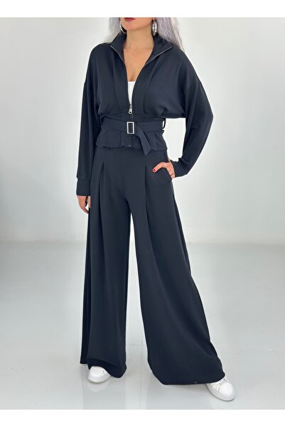 KAROL Fermuarlı Kemerli Modal Üst ve Yüksek Bel Bol Paça Pantolon Takım - Siyah