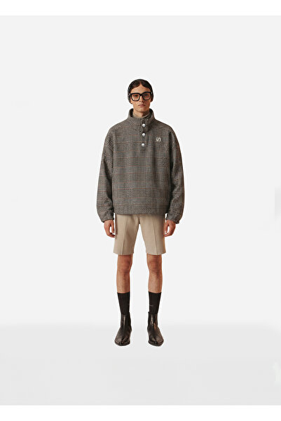 Unisex Yün Karışımlı Dik Yaka Oversize Bordo- Ekru Dokulu Sweatshirt
