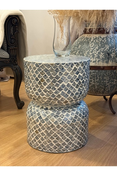 Lisso Lume Sedefli El İşçliği Lüks Modern Yan Sehpa Tabure 35x35 H:40